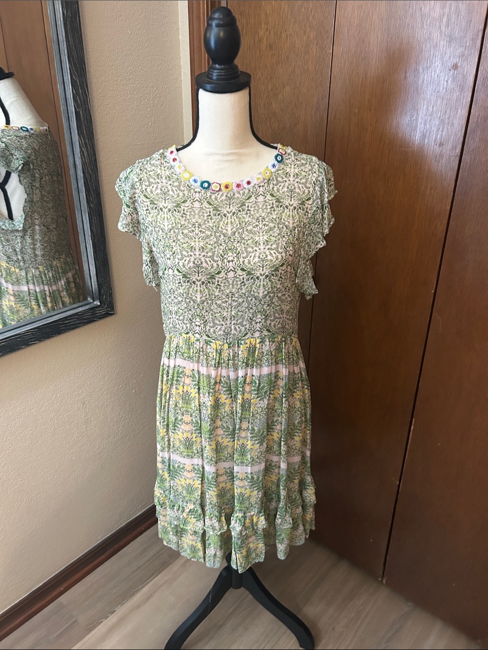 Anthropologie Green Floral Embroidered Neck Mini Dress